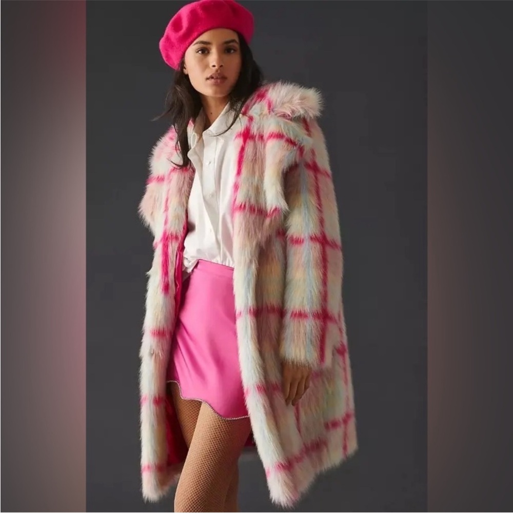 NVLT Anthropologie Tartan Plaid Faux Fur Coat - Pink and White